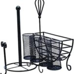 Picnic Caddy, Antique Black Finish, Paper Plate Organizer with Flatware Canisters and Paper Towel Spindle, 15 x 14 x 13 in