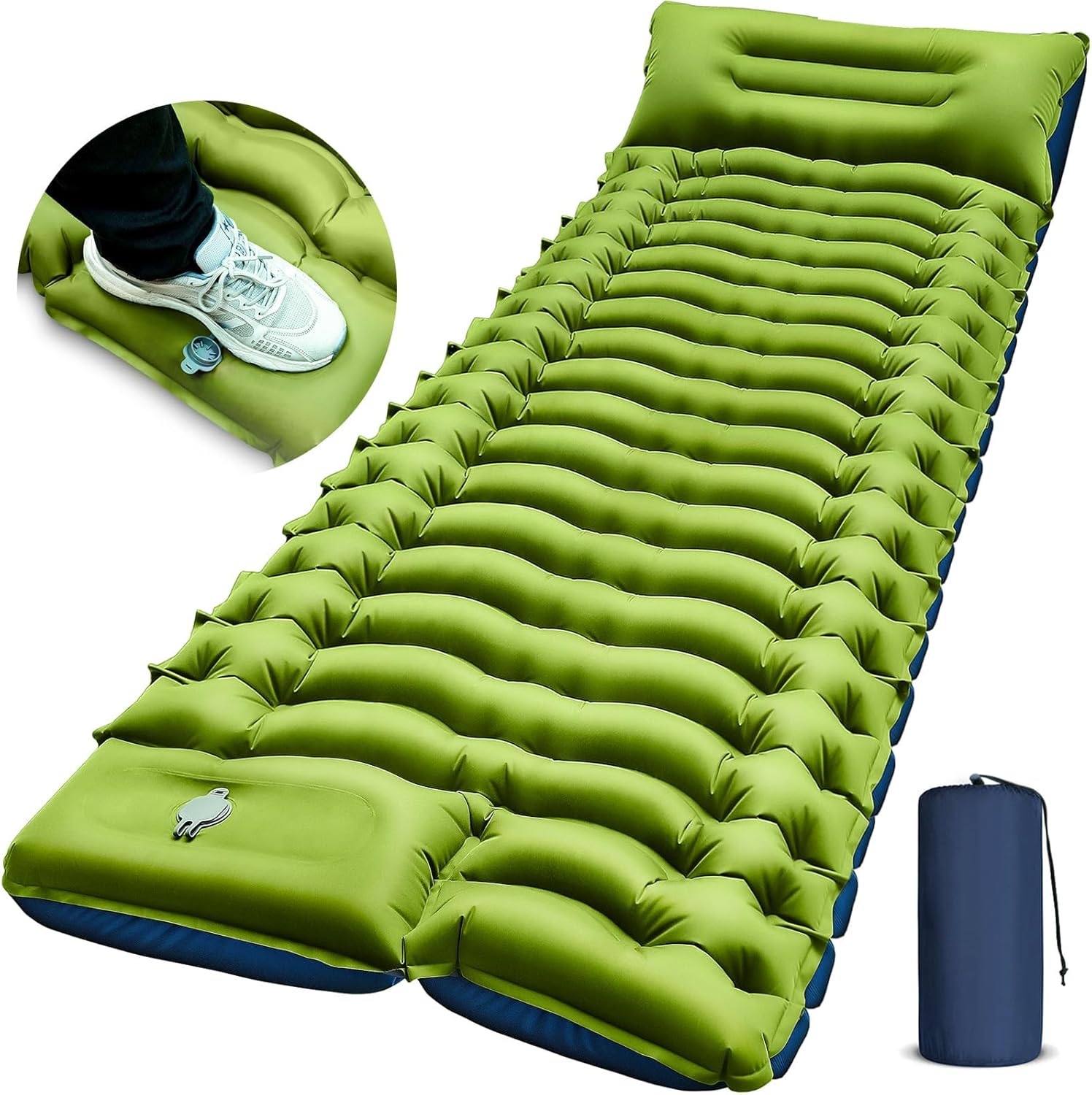 71PHS9MmZwL._AC_SL1500_.jpg Camping Sleeping Pad, Ultralight Camping Mat with Pillow, Built-in Foot Pump Inflatable Sleeping Pads Compact for Camping Backpacking Hiking Traveling Tent,Single,Green - Image 1
