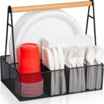 Paper Plate Organizer with Handle for Countertop, Metal Silverware Caddy for Cup, Napkin, Fork and Spoon, Paper Plate and Utensil Holder, Cutlery Caddy for Party, Camping, Picnic (Black)