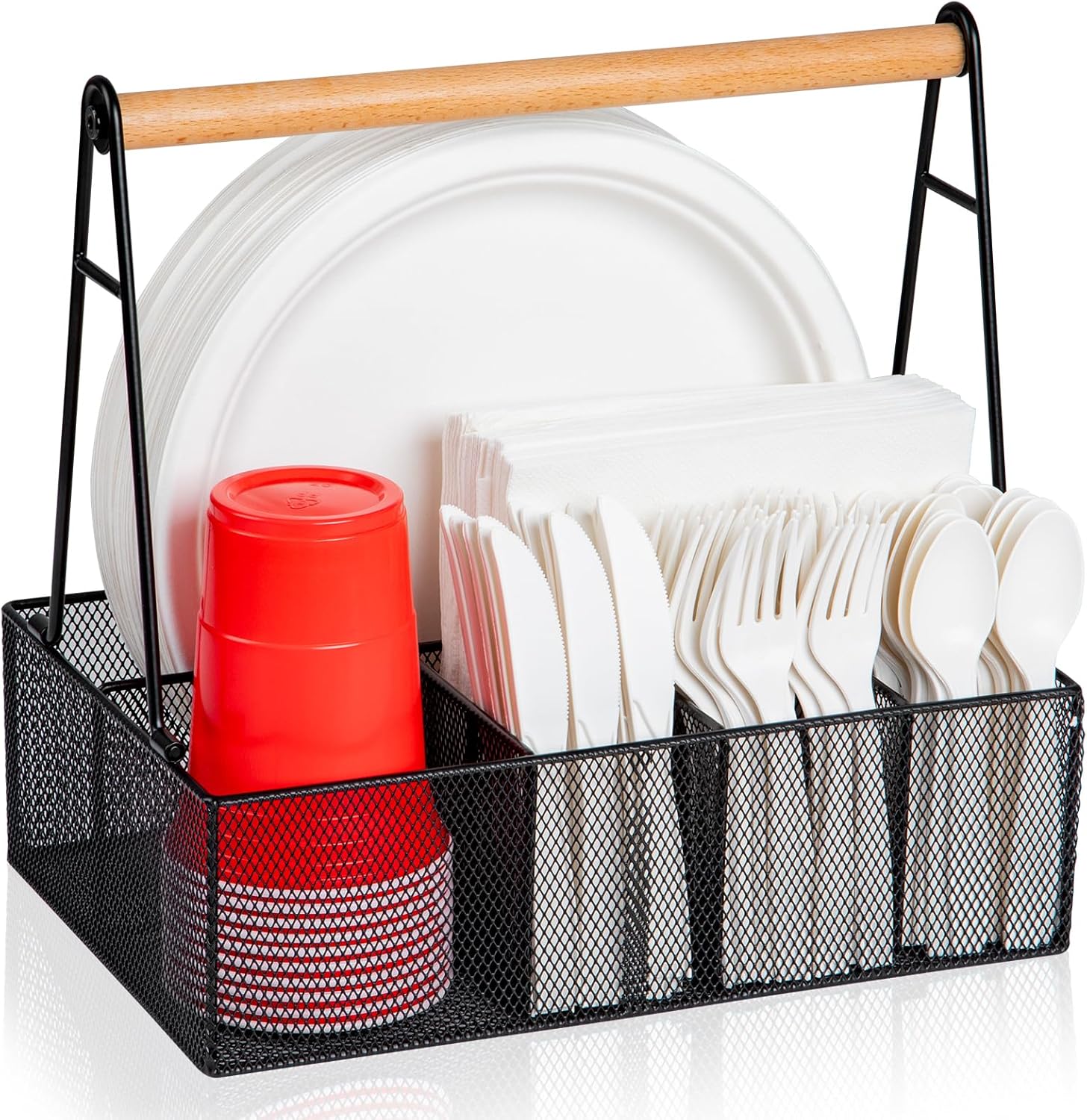 81Kh0w9ea9L._AC_SL1500_.jpg Paper Plate Organizer with Handle for Countertop, Metal Silverware Caddy for Cup, Napkin, Fork and Spoon, Paper Plate and Utensil Holder, Cutlery Caddy for Party, Camping, Picnic (Black) - Image 1