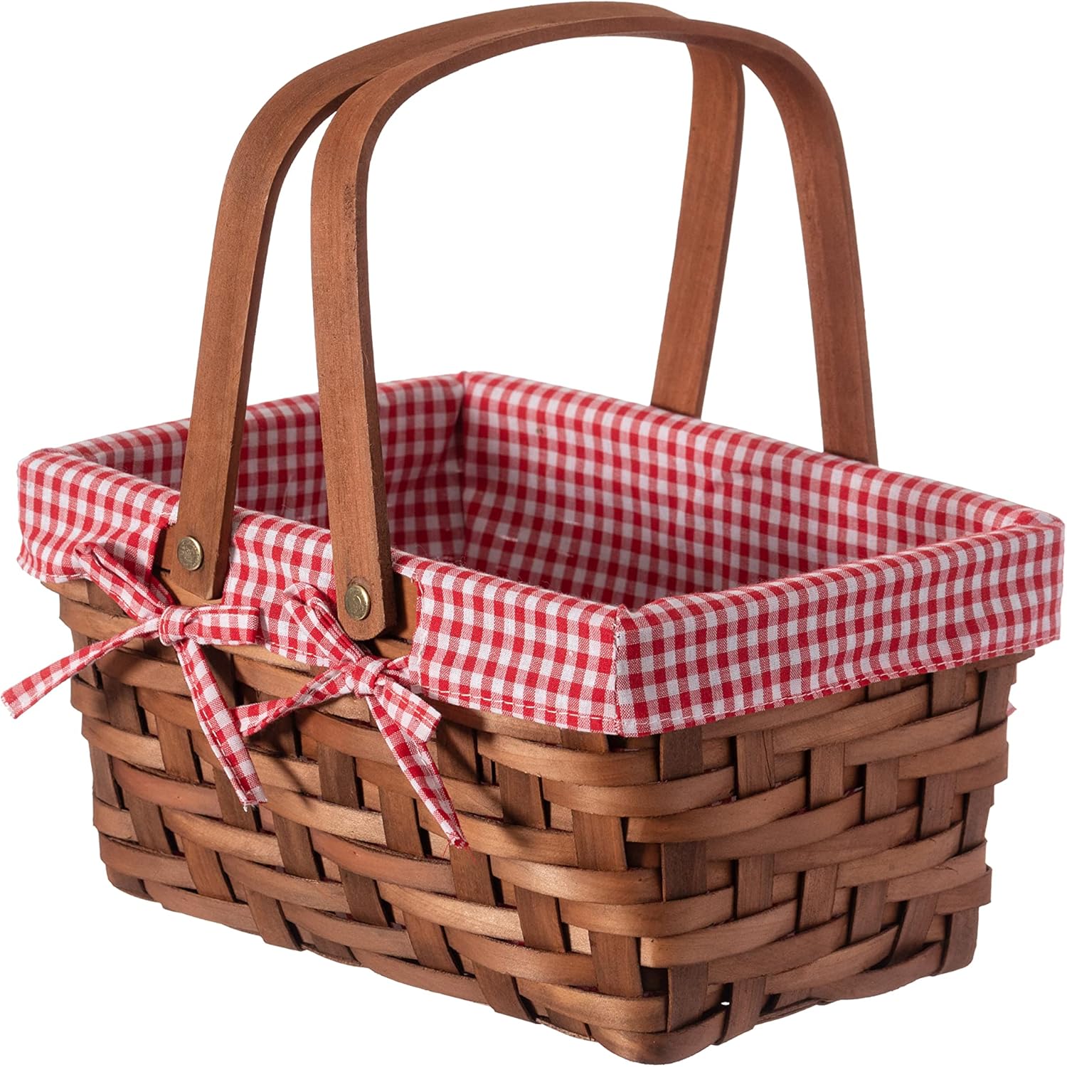 81NNgPkOt8L._AC_SL1500_.jpg Small Rectangular Woodchip Picnic Baskets with Double Folding Handles, Natural Hand-Woven Basket Lined with Gingham Red and White Lining Great for Gifts - Image 1