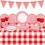 Gingham Red and White Party Supplies Disposable Paper Plates Napkins Cups Knives Spoons Forks Tablecloth Banner for Birthday Party Family Dinner Picnic Barbecue Mother's Day Party, Serve 25