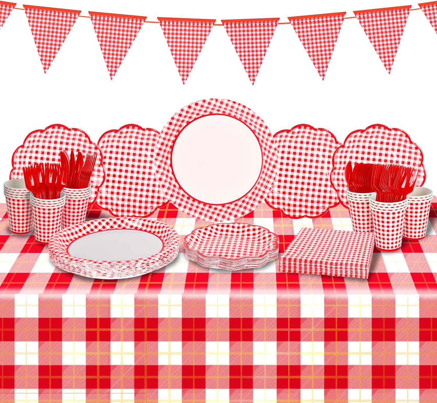 81RwpCzH7YS._AC_SL1500_.jpg Gingham Red and White Party Supplies Disposable Paper Plates Napkins Cups Knives Spoons Forks Tablecloth Banner for Birthday Party Family Dinner Picnic Barbecue Mother's Day Party, Serve 25 - Image 1